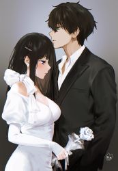 Rule 34 | 1boy, 1girl, black hair, black jacket, black suit, breasts, brown hair, chitanda eru, cleavage, collared shirt, commentary request, couple, dress, flower, formal, from side, gloves, gradient background, green eyes, grey background, groom, hetero, highres, holding, holding flower, husband and wife, hyouka, jacket, large breasts, long hair, long sleeves, looking at another, mery (yangmalgage), oreki houtarou, parted lips, profile, puffy sleeves, purple eyes, rose, shirt, short hair, short sleeves, suit, wedding dress, white dress, white flower, white gloves, white rose, white shirt