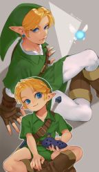 Rule 34 | 2boys, blonde hair, blue eyes, boots, brown footwear, earrings, fairy, from above, green headwear, green shorts, grey background, hat, holding, holding instrument, instrument, ivy (sena0119), jewelry, knee boots, link, looking at viewer, male focus, multiple boys, multiple persona, navi, nintendo, ocarina, pointy ears, shorts, sitting, smile, sword, the legend of zelda, the legend of zelda: ocarina of time, twitter username, weapon, weapon on back, white legwear, young link