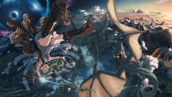 Rule 34 | 1boy, 1girl, alternate costume, armpits, brown hair, building, cape, cloud, commentary, desert, dragon, dress, falling, fantasy, fisheye, flying, forest, green eyes, green hair, gumi, highres, inoki, inoki-08, lava, moon, mountain, nature, night, night sky, open mouth, original, outstretched hand, riding, river, scenery, sky, sleeveless, sleeveless dress, smile, staff, star (sky), sunrise, tree, upside-down, vocaloid, volcano, water, waterfall, white dress, wings