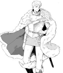 Rule 34 | 1boy, armor, boots, cape, closed mouth, commentary request, dungeon meshi, feet out of frame, fur cape, greyscale, hand on own hip, highres, laios touden, looking to the side, male focus, monochrome, pelt, sheath, sheathed, short hair, simple background, smile, standing, sword, very short hair, weapon, white background, zarame pfpf