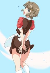 Rule 34 | 10s, 1girl, apron, ass, blue eyes, blush, brown hair, covering privates, covering ass, flying sweatdrops, from behind, hair ornament, hairclip, kneehighs, koga tomoe, looking at viewer, looking back, open mouth, puffy short sleeves, puffy sleeves, seishun buta yarou, short hair, short sleeves, socks, solo, umanosuke, waist apron, waitress, white socks, wind, wind lift