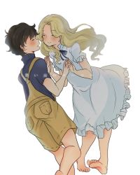 Rule 34 | 10s, 2girls, anna (omoide no marnie), bad id, bad pixiv id, barefoot, blonde hair, blush, brown hair, commentary request, dress, echigo note, closed eyes, fingers together, marnie (omoide no marnie), multiple girls, omoide no marnie, shorts, smile, translation request, turtleneck, white dress