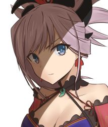 Rule 34 | 1girl, blue eyes, breasts, earrings, elfenlied22, fate/grand order, fate (series), highres, jewelry, looking at viewer, miyamoto musashi (fate), miyamoto musashi (third ascension) (fate), ponytail, solo, white background