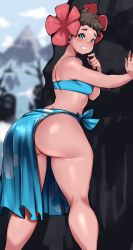 Rule 34 | 1girl, ass, bare shoulders, bare tree, blue eyes, blurry, blurry background, blush, brown hair, creatures (company), cross, fingernails, flower, game freak, hair flower, hair ornament, highres, kenron toqueen, looking at viewer, mountain, nintendo, phoebe (pokemon), pokemon, pokemon rse, red flower, rock, short hair, smile, snow, solo, sweat, tree, very short hair