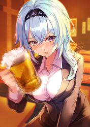 Rule 34 | 1girl, alcohol, alternate costume, beer, blush, breasts, collared shirt, cup, drink, drinking glass, eula (genshin impact), formal, genshin impact, hairband, highres, holding, holding drink, jura, large breasts, looking at viewer, medium hair, office lady, open mouth, pantyhose, pencil skirt, shirt, sitting, skirt, solo, suit