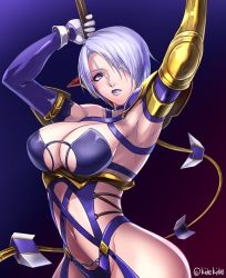 Rule 34 | 1girl, armor, armpits, breasts, gauntlets, hair over one eye, isabella valentine, large breasts, lipstick, makeup, nyaasora, purple legwear, purple lips, revealing clothes, short hair, solo, soul calibur, soulcalibur, soulcalibur vi, underboob, weapon, whip, whip sword, white hair