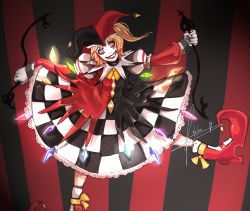 Rule 34 | 1girl, blonde hair, checkered clothes, checkered skirt, cosplay, crazy eyes, dated, dual wielding, facepaint, female focus, flandre scarlet, fusion, gem, gloves, grin, hannah santos, hat, holding, jester cap, laevatein, league of legends, lipstick, makeup, pointy footwear, red eyes, shaco, shaco (cosplay), shoes, short hair, side ponytail, signature, skirt, smile, solo, touhou