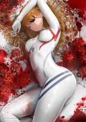 Rule 34 | 1girl, ass, blood, blood splatter, blue eyes, bodysuit, breasts, brown hair, closed mouth, covered erect nipples, curvy, evangelion: 3.0+1.0 thrice upon a time, eyepatch, flower, highres, kitsune-neko, long hair, looking at viewer, lying, neon genesis evangelion, on side, patreon username, pixiv id, pixiv username, plugsuit, rebuild of evangelion, shiny clothes, solo, souryuu asuka langley, thighs, white bodysuit