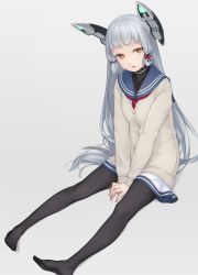 Rule 34 | 10s, 1girl, blunt bangs, cardigan, commentary request, dress, feet, full body, grey background, headgear, highres, kantai collection, long hair, looking at viewer, murakumo (kancolle), no shoes, open mouth, orange eyes, pantyhose, rokuwata tomoe, sailor dress, silver, simple background, sitting, solo