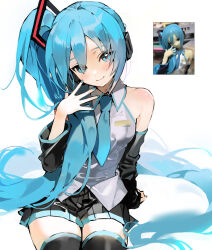 Rule 34 | 1girl, alternate hairstyle, bare shoulders, black skirt, black sleeves, black thighhighs, blue eyes, blue hair, blue nails, blue necktie, closed mouth, collared shirt, derivative work, detached sleeves, hair ornament, hand up, hatsune miku, hatsune miku (noodle stopper), highres, hwii (hwii myu), long hair, long sleeves, looking at viewer, miniskirt, nail polish, necktie, noodle stopper, photo-referenced, pleated skirt, reference inset, shirt, side ponytail, simple background, sitting, skirt, sleeveless, sleeveless shirt, smile, solo, thighhighs, very long hair, vocaloid, white background, white shirt, zettai ryouiki