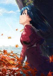 Rule 34 | 10s, 1girl, autumn leaves, blouse, blue hair, blush, braid, day, from side, highres, idolmaster, idolmaster million live!, jewelry, juliet sleeves, leaf, lens flare, long hair, long sleeves, looking afar, looking up, maple leaf, nanao yuriko, narumi nanami, necklace, outdoors, parted lips, pendant, plant, profile, puffy sleeves, purple shirt, purple skirt, rainbow, school uniform, shirt, short hair, skirt, skirt set, solo, st. million girls&#039; academy, sunlight, vines, wind, yellow eyes