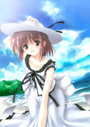 Rule 34 | 1girl, bad proportions, bare arms, beach, blush, bow, brown eyes, brown hair, cloud, collarbone, copyright request, day, hair ornament, hairclip, hand on headwear, hat, looking at viewer, ocean, outdoors, shion-san yori, shion (kawasemi), short hair, skirt, skirt set, sky, sleeveless, smile, solo, summer, sun hat, water