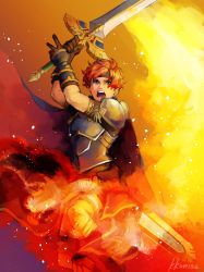 Rule 34 | 1boy, absurdres, armor, blue eyes, blue hair, cape, fire, fire emblem, fire emblem: the binding blade, gloves, headband, highres, kkonisa, looking at viewer, male focus, nintendo, open mouth, red hair, roy (fire emblem), short hair, simple background, solo, weapon