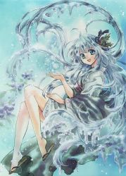 Rule 34 | 1girl, blue eyes, highres, ice, ink (medium), long hair, looking at viewer, ochon, silver hair, slippers, snow, solo, spirit, traditional media
