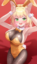 Rule 34 | 1girl, animal ears, armpits, black pantyhose, blonde hair, blush, bow, bowtie, breasts, covered navel, detached collar, fake animal ears, fang, gradient hair, green eyes, highleg, highleg leotard, highres, hololive, large breasts, leotard, long hair, momosuzu nene, multicolored hair, open mouth, orange bow, orange bowtie, orange leotard, pantyhose, pink hair, playboy bunny, rabbit ears, rabbit tail, skin fang, smile, strapless, strapless leotard, suicabar72, tail, traditional bowtie, virtual youtuber, wrist cuffs