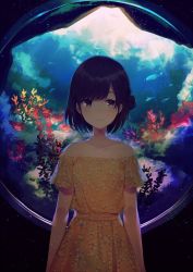Rule 34 | 1girl, achiki, aquarium, arms at sides, bad id, bad twitter id, bare shoulders, black hair, blush, bob cut, closed mouth, collarbone, cowboy shot, dress, floral print, grey eyes, looking at viewer, off-shoulder dress, off shoulder, orange dress, original, seaweed, short sleeves, smile, solo, standing, upper body