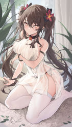Rule 34 | 1girl, alternate breast size, alternate costume, arm support, arm under breasts, armlet, bangle, bare shoulders, black choker, black panties, black ribbon, bracelet, breast hold, breasts, brown hair, catsmoon, choker, closed mouth, curtains, dress, flower, flower-shaped pupils, genshin impact, hair between eyes, hair flower, hair ornament, hair ribbon, highres, hu tao (genshin impact), indoors, jewelry, large breasts, leaf, long hair, looking at viewer, no shoes, panties, panty straps, plant, plum blossoms, red eyes, red flower, ribbon, see-through, side slit, sideboob, sidelocks, sitting, sleeveless, sleeveless dress, smile, solo, symbol-shaped pupils, thighhighs, twintails, underwear, very long hair, white dress, white thighhighs, window, yokozuwari