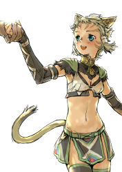 Rule 34 | 00s, 1girl, animal ears, bad id, bad pixiv id, blonde hair, blue eyes, blush, branch (blackrabbits), cat girl, elbow gloves, final fantasy, final fantasy xi, gloves, happy, holding hands, midriff, mithra (ff11), navel, short hair, solo focus, tail, thighhighs