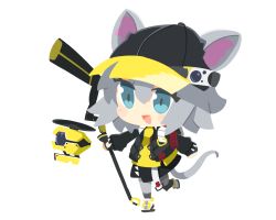 Rule 34 | 1girl, animal ears, arknights, backpack, bag, baseball cap, black hat, black jacket, black skirt, blue eyes, chibi, click (arknights), drone, grey hair, grey pantyhose, hair between eyes, hat, highres, holding, jacket, long sleeves, mouse ears, mouse girl, mouse tail, nuu (nu-nyu), open mouth, pantyhose, shirt, short hair, simple background, skirt, solo, tail, white background, yellow shirt