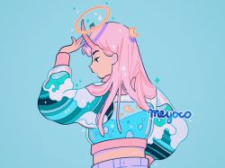 Rule 34 | 1girl, aqua background, bad id, bad twitter id, broken horn, crescent, floating, halo, hand on own hip, hand up, horns, long hair, long sleeves, meyoco, midriff, oni horns, original, pink hair, profile, shadow, simple background, solo, sparkle, upper body, wave print