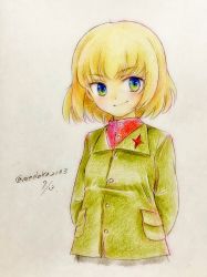 Rule 34 | 1girl, arms behind back, blonde hair, blue eyes, closed mouth, colored pencil (medium), commentary, cropped torso, dated, girls und panzer, green jacket, insignia, jacket, katyusha (girls und panzer), long sleeves, one-hour drawing challenge, pravda school uniform, q-bee (aaru), red shirt, school uniform, shirt, short hair, smile, solo, standing, traditional media, turtleneck, twitter username, upper body