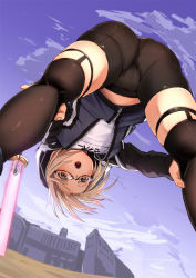 Rule 34 | 1girl, artoria pendragon (fate), ass, bent over, bike shorts, black-framed eyewear, black thighhighs, blonde hair, blue jacket, blue sky, cloud, commentary request, crotch seam, day, fate/grand order, fate (series), fingernails, forehead, from behind, from below, fu-ta, glasses, gym shirt, hands on own knees, jacket, legs apart, long sleeves, looking at viewer, looking through own legs, midriff peek, mysterious heroine x alter (fate), mysterious heroine x alter (second ascension) (fate), open mouth, pantylines, semi-rimless eyewear, shirt, sky, solo, sword, thighhighs, under-rim eyewear, upside-down, weapon, white shirt, yellow eyes