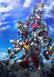 Rule 34 | 10s, back-to-back, blue sky, building, clenched hands, cloud, commentary, denkou choujin gridman, dust cloud, from below, giant, glowing, glowing eyes, gridman (character), gridman (ssss), gridman universe, highres, looking back, paintedmike, ruins, sky, squatting, ssss.gridman, yellow eyes