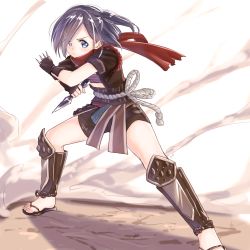 Rule 34 | 1girl, alternate costume, bandeau, black hair, blue eyes, blush, brown shorts, clenched hands, commentary request, dust cloud, feet, fingerless gloves, gloves, hair over one eye, highres, holding, holding weapon, knee pads, kunai, kyoo-kyon (kyo-kyon), ninja, no socks, original, red scarf, reverse grip, sandals, scarf, serious, shin guards, shinobi (tree of savior), shorts, side ponytail, sleeves rolled up, solo, standing, suzunari shizuku, toes, tree of savior, weapon, yuki arare