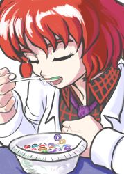 Rule 34 | 1girl, blazer, bowl, cereal, collared shirt, dated, dripping, eating, eyebrows, closed eyes, froot loops, highres, horikawa raiko, jacket, milk, necktie, photo-referenced, profitshame, red hair, shirt, short hair, signature, solo, spoon, thick eyebrows, touhou, utensil in mouth