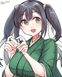 Rule 34 | 1girl, blue hair, breasts, green eyes, green kimono, hair ribbon, heart, heart hands, highres, japanese clothes, kantai collection, kimono, large breasts, looking at viewer, matsunaga (haku), open mouth, ribbon, shirt, simple background, smile, solo, souryuu (kancolle), twintails, twitter username, upper body, white shirt