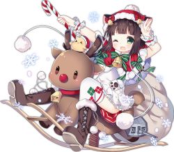Rule 34 | &gt; &lt;, 1girl, :3, :d, ;d, alternate costume, animal ears, azur lane, bell, bird, blunt bangs, blush, boots, bow, brown footwear, brown hair, candy, candy cane, capelet, cat ears, chick, dress, fang, food, full body, green eyes, green ribbon, hat, holding, hood, hood up, machinery, mutsuki (azur lane), mutsuki (mr. reindeer depart!) (azur lane), official art, one eye closed, open mouth, over-kneehighs, red bow, red capelet, reindeer, ribbon, sack, santa costume, santa hat, short dress, short hair, smile, solo, tareme, thighhighs, tongue, transparent background, tsukimi (xiaohuasan), turret, white dress, white thighhighs