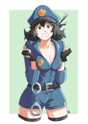 Rule 34 | 1girl, automatic giraffe, belt, black belt, black eyes, black gloves, blue hat, blue shorts, border, borrowed character, breasts, cleavage, cowboy shot, cropped legs, fingerless gloves, gloves, green background, hat, lucia (scott malin), medium breasts, original, parted lips, police, police badge, police hat, police uniform, policewoman, shadow, shorts, smile, solo, uniform, white border