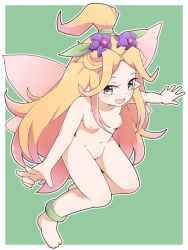Rule 34 | 1girl, blonde hair, breasts, cleft of venus, faerie (seiken densetsu 3), fairy, full body, gradient hair, green eyes, long hair, multicolored hair, navel, nipples, nude, open mouth, outside border, pointy ears, pussy, seiken densetsu, seiken densetsu 3, small breasts, solo, uncensored, wings, yuuutsu shan
