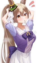 Rule 34 | 1girl, absurdres, adjusting hair, animal ears, arms up, back bow, blush, bow, breasts, brown eyes, brown hair, collarbone, commentary request, highres, holding, horse ears, horse girl, horse tail, large breasts, long hair, looking at viewer, lryutanl, mouth hold, parted lips, pleated skirt, ponytail, purple shirt, purple skirt, satono diamond (umamusume), school uniform, shirt, short sleeves, simple background, skirt, solo, tail, thighs, tracen school uniform, twitter username, umamusume, white background