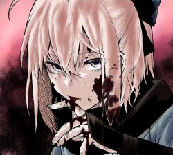 Rule 34 | 1girl, alene(the true knight), blood, blood on face, danimaru, fate/grand order, fate (series), licking, looking at viewer, okita souji (fate), okita souji (koha-ace), portrait, scarf, short hair, solo, tongue, tongue out
