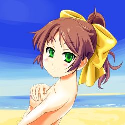 Rule 34 | 1girl, absurdres, bad id, beach, blush, bow, breasts, brown hair, covered erect nipples, female focus, green eyes, hair bow, highres, nipples, ooyayone, outdoors, ponytail, shimada minami, sky, solo