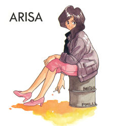 Rule 34 | 1990s (style), 1girl, arisa (all purpose cultural cat girl nuku nuku), black eyes, black hair, black jacket, character name, cigarette, drum (container), fugou keiji balance:unlimited, high heels, highres, holding, holding cigarette, jacket, long hair, long sleeves, official art, open clothes, open jacket, painting (medium), pink footwear, retro artstyle, scan, simple background, sitting, skirt, smile, solo, takada yuuzou, traditional media, watercolor (medium), white background
