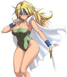 Rule 34 | 1990s (style), 1girl, blonde hair, blush, breasts, celes chere, cleavage, curvy, final fantasy, final fantasy vi, hip focus, holding, holding sword, holding weapon, large breasts, legs, leotard, long hair, nekoguchi, retro artstyle, simple background, solo, sword, weapon, white background