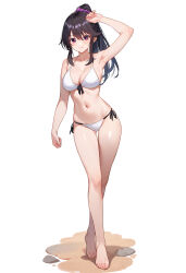 1girl absurdres arm_up armpits barefoot bikini black_hair blush breasts closed_mouth collarbone commission feet front-tie_bikini_top front-tie_top full_body gher5555 hair_between_eyes hair_ornament hair_scrunchie heel_up highres large_breasts legs looking_at_viewer navel pajama_na_kanojo. pixiv_commission ponytail purple_eyes scrunchie shadow shirai_yuki side-tie_bikini_bottom sidelocks simple_background smile solo standing stomach swimsuit toenails toes white_background white_bikini