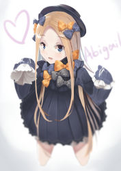 Rule 34 | 1girl, abigail williams (fate), absurdres, black dress, black hat, blonde hair, blue eyes, bow, character name, dress, fate/grand order, fate (series), hair bow, hat, heart, highres, long hair, long sleeves, looking at viewer, open mouth, orange bow, polka dot, polka dot bow, sleeves past wrists, solo, very long hair, yonago miko