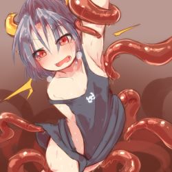 Rule 34 | 1girl, armpits, blush, foomal, horns, lowres, moebius (viprpg), open mouth, red eyes, restrained, tentacles, viprpg