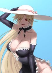 Rule 34 | 1girl, bare shoulders, black dress, black gloves, blonde hair, borrowed character, bow, breasts, choker, curvy, dress, fang, frilled choker, frills, gloves, hat, hat bow, large breasts, long hair, looking at viewer, lucretia (doctor masube), nakuta, no bra, no panties, original, pink bow, red eyes, side slit, solo, standing, strapless, strapless dress, upper body, very long hair, white hat