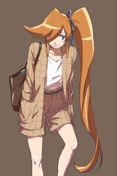 Rule 34 | 1girl, ace attorney, alternate costume, athena cykes, bag, belt, black belt, blue eyes, blue ribbon, brown background, brown bag, brown jacket, brown shorts, closed mouth, commentary request, crescent, crescent earrings, earrings, hair over one eye, hair ribbon, hands in pockets, jacket, jewelry, long hair, long sleeves, looking to the side, orange hair, ponytail, ribbon, shirt, shorts, shoulder bag, side ponytail, simple background, single earring, smile, solo, standing, taba (tb gya), very long hair, white shirt