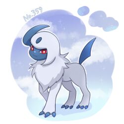 Rule 34 | 025sakura393, absol, border, bright pupils, claws, closed mouth, commentary request, creatures (company), full body, game freak, gen 3 pokemon, highres, nintendo, no humans, pokedex number, pokemon, pokemon (creature), red eyes, smile, solo, standing, white border, white fur, white pupils