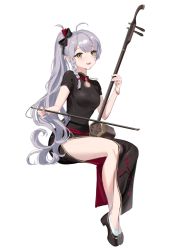 Rule 34 | 1girl, :d, ahoge, black bow, black dress, black footwear, bow, china dress, chinese clothes, dress, erhu, full body, green eyes, grey hair, hair bow, highres, holding, holding instrument, instrument, invisible chair, kotosuzu, long hair, open mouth, original, pointy ears, ponytail, short sleeves, simple background, sitting, smile, solo, very long hair, white background