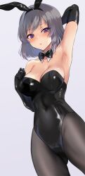 Rule 34 | 1girl, animal ears, arm behind head, arm up, armpits, bare shoulders, black bow, black bowtie, black gloves, black leotard, black pantyhose, blush, bob cut, bow, bowtie, breasts, cleavage, closed mouth, collarbone, commentary, covered navel, cowboy shot, detached collar, dutch angle, elbow gloves, embarrassed, fake animal ears, gloves, gluteal fold, grey background, grey hair, hand on own chest, highleg, highleg leotard, idoly pride, kanzaki rio, large breasts, latex, latex leotard, legs apart, leotard, long bangs, looking at viewer, medium hair, pantyhose, playboy bunny, plum (arch), purple eyes, rabbit ears, raised eyebrows, sidelocks, simple background, solo, strapless, strapless leotard, swept bangs, thighs, traditional bowtie
