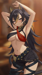 Rule 34 | 1girl, absurdres, animal ears, armpits, arms up, bare arms, bare shoulders, belt, black hair, black shorts, blue eyes, blurry, breasts, cleavage, cowboy shot, criss-cross halter, dehya (genshin impact), depth of field, detached collar, extra ears, frown, genshin impact, halterneck, highres, large breasts, long hair, looking at viewer, midriff, multicolored hair, navel, pn (wnsl216), short shorts, shorts, solo, stomach, streaked hair, tail, thigh strap, torn clothes, torn shorts, v-shaped eyebrows