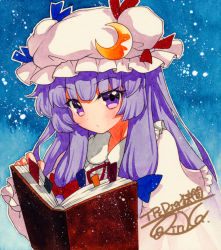 Rule 34 | 1girl, bad id, bad pixiv id, blue background, blue bow, book, bookmark, bow, capelet, closed mouth, crescent, crescent hat ornament, frilled capelet, frilled sleeves, frills, hair bow, hat, hat ornament, long hair, long sleeves, mob cap, open book, patchouli knowledge, purple eyes, purple hair, qqqrinkappp, reading, red bow, shikishi, solo, touhou, traditional media, upper body, white capelet, white hat