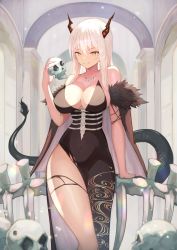 Rule 34 | 1girl, absurdres, bare shoulders, black dress, bone, breasts, cleavage, dress, fur trim, highres, horns, large breasts, looking at viewer, original, ribs, sino (oyasumi hf), skull, smile, tail, thighs, white hair, yellow eyes
