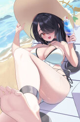 Rule 34 | 1girl, absurdres, barefoot, beach, bikini, black bikini, black choker, black hair, blue archive, braid, braided ponytail, breasts, casual one-piece swimsuit, choker, clothing cutout, commentary request, criss-cross halter, cross, cross earrings, cup, double bikini, earrings, feet, hair over one eye, halo, halterneck, hat, highres, hinata (blue archive), hinata (swimsuit) (blue archive), holding, holding cup, jewelry, large breasts, long hair, looking at viewer, ocean, official alternate costume, one-piece swimsuit, one eye covered, open mouth, orange eyes, outdoors, reclining, side cutout, smile, solo, su2ro, sun hat, sweat, swimsuit, thighs, toes, very long hair, white one-piece swimsuit, yellow halo, yellow hat